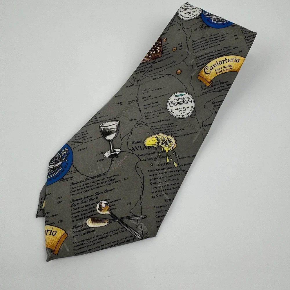 VTG Nicole Miller Caviar Cocktail Novelty Silk Tie 1995 Gray